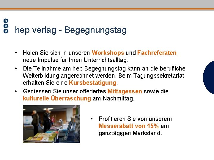 hep verlag - Begegnungstag • Holen Sie sich in unseren Workshops und Fachreferaten neue