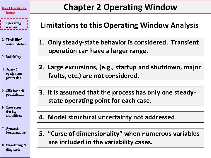 Key Operability issues 1. Operating window 2. Flexibility/ controllability 3. Reliability 4. Safety & Key Operability issues 1. Operating window 2. Flexibility/ controllability 3. Reliability 4. Safety &