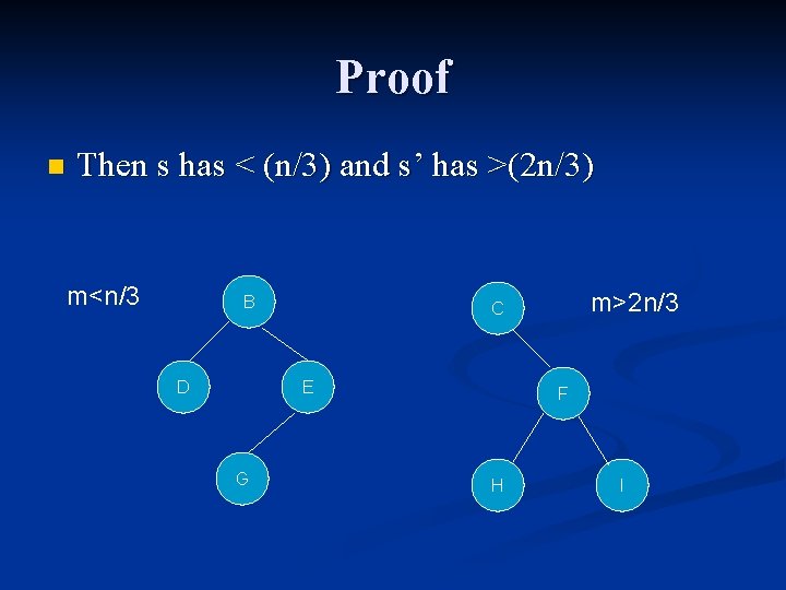Proof n Then s has < (n/3) and s’ has >(2 n/3) m<n/3 B