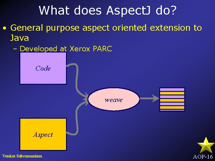 What does Aspect. J do? • General purpose aspect oriented extension to Java –