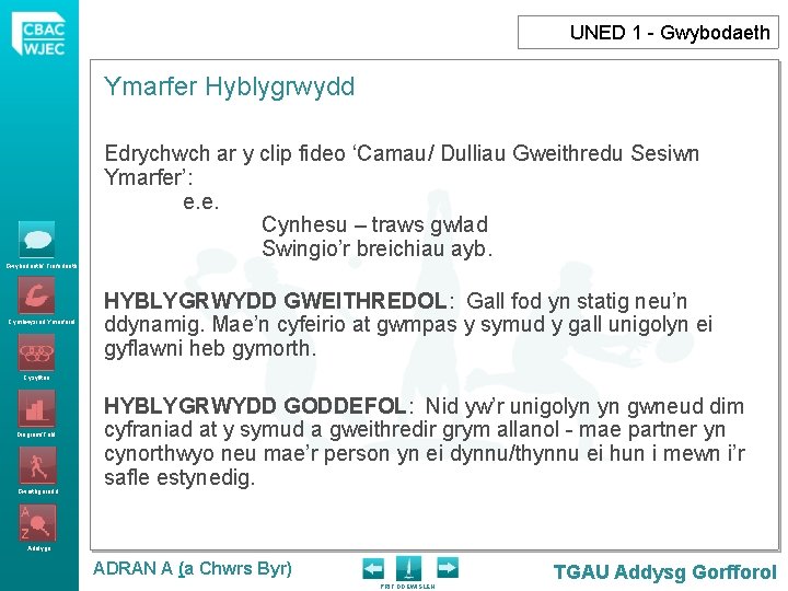 UNED 1 - Gwybodaeth Ymarfer Hyblygrwydd Edrychwch ar y clip fideo ‘Camau/ Dulliau Gweithredu