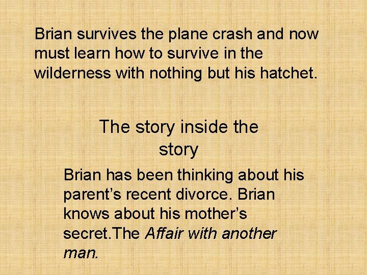 Brian survives the plane crash and now must learn how to survive in the