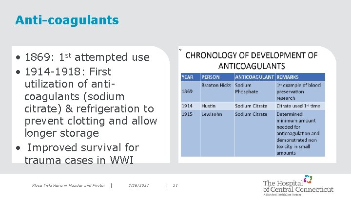 Anti-coagulants • 1869: 1 st attempted use • 1914 -1918: First utilization of anticoagulants