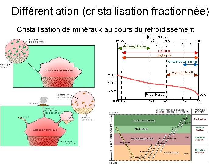 Différentiation (cristallisation fractionnée) Cristallisation de minéraux au cours du refroidissement 