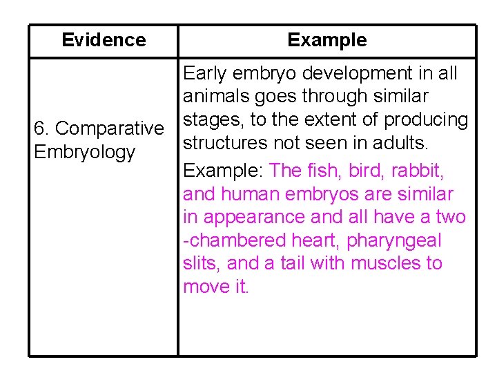 Evidence Example Early embryo development in all animals goes through similar 6. Comparative stages,