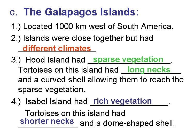 c. The Galapagos Islands: 1. ) Located 1000 km west of South America. 2.