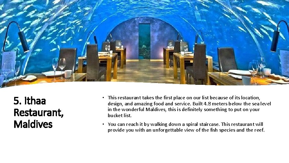 5. Ithaa Restaurant, Maldives • This restaurant takes the first place on our list