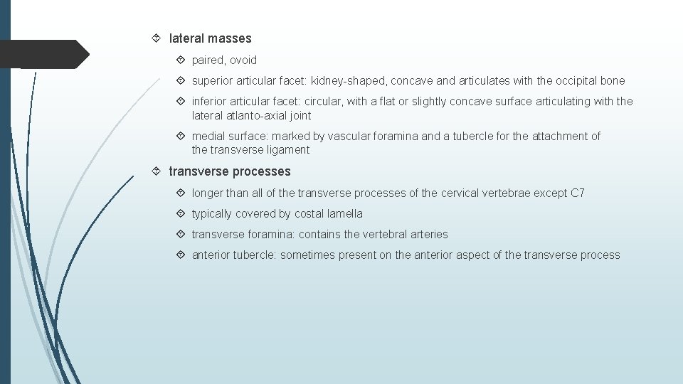  lateral masses paired, ovoid superior articular facet: kidney-shaped, concave and articulates with the