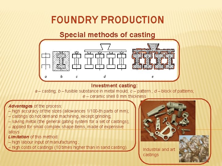 FOUNDRY PRODUCTION Special methods of casting a b c d e Investment casting: a