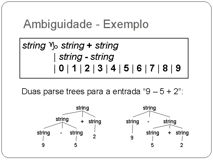 Ambiguidade - Exemplo string g string + string | string - string |0|1|2|3|4|5|6|7|8|9 Duas