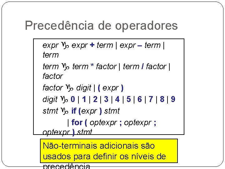 Precedência de operadores expr g expr + term | expr – term | term