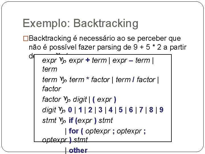 Exemplo: Backtracking �Backtracking é necessário ao se perceber que não é possível fazer parsing