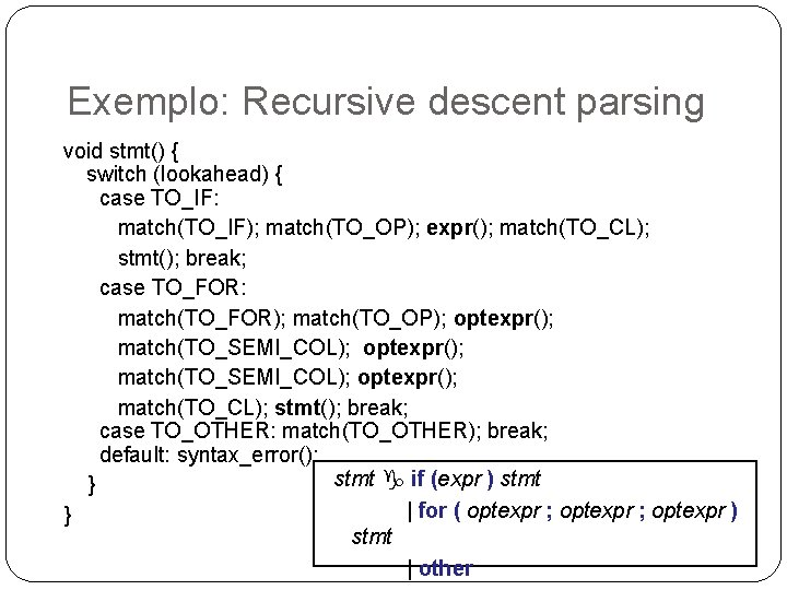 Exemplo: Recursive descent parsing void stmt() { switch (lookahead) { case TO_IF: match(TO_IF); match(TO_OP);