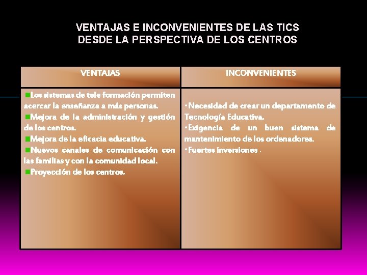 VENTAJAS E INCONVENIENTES DE LAS TICS DESDE LA PERSPECTIVA DE LOS CENTROS VENTAJAS Los