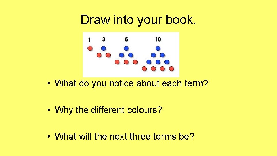 Draw into your book. • What do you notice about each term? • Why