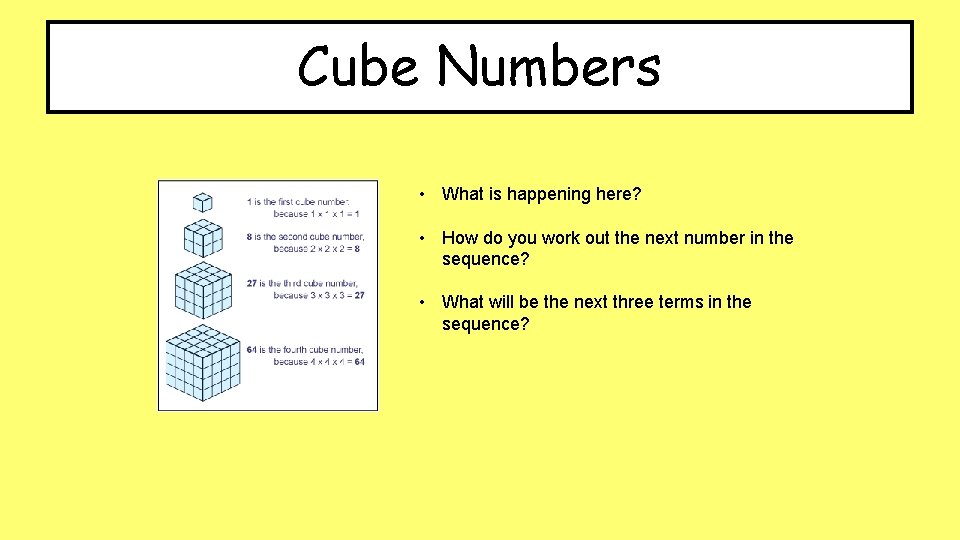 Cube Numbers • What is happening here? • How do you work out the