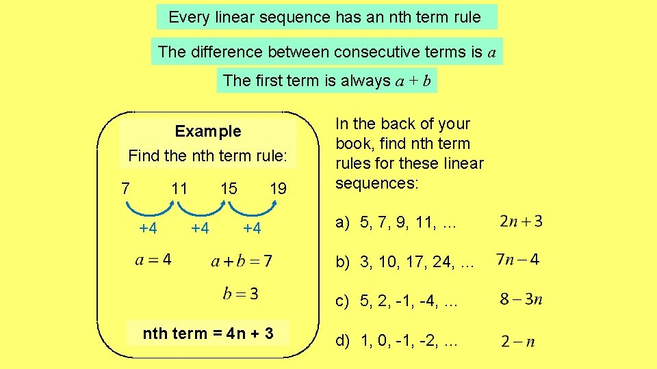 Every linear sequence has an nth term rule The difference between consecutive terms is