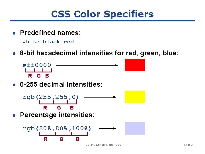 CSS Color Specifiers ● Predefined names: white black red … ● 8 -bit hexadecimal