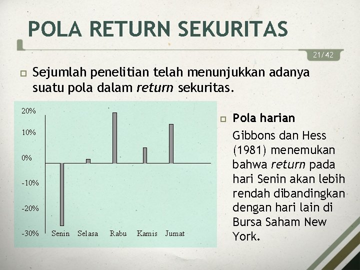 POLA RETURN SEKURITAS 21/42 Sejumlah penelitian telah menunjukkan adanya suatu pola dalam return sekuritas.