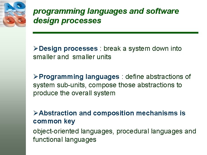 programming languages and software design processes ØDesign processes : break a system down into