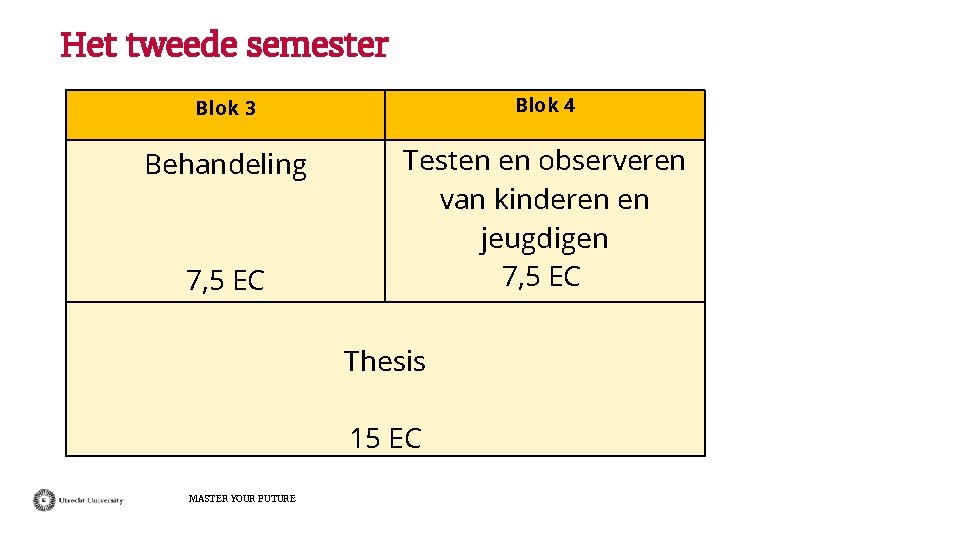 Het tweede semester Blok 3 Blok 4 Behandeling Testen en observeren van kinderen en