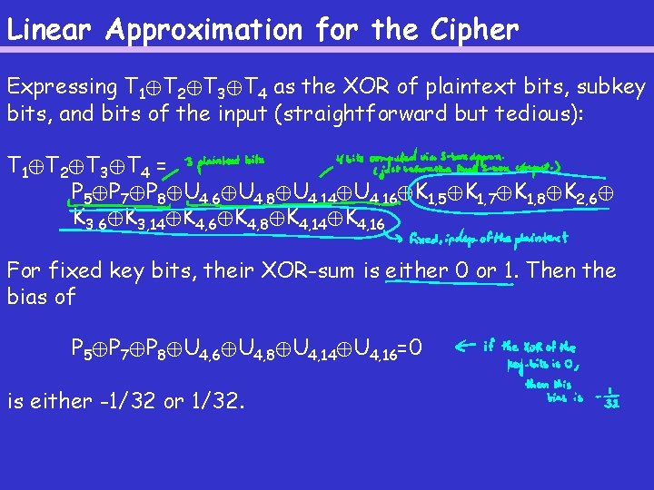 Linear Approximation for the Cipher Expressing T 1©T 2©T 3©T 4 as the XOR