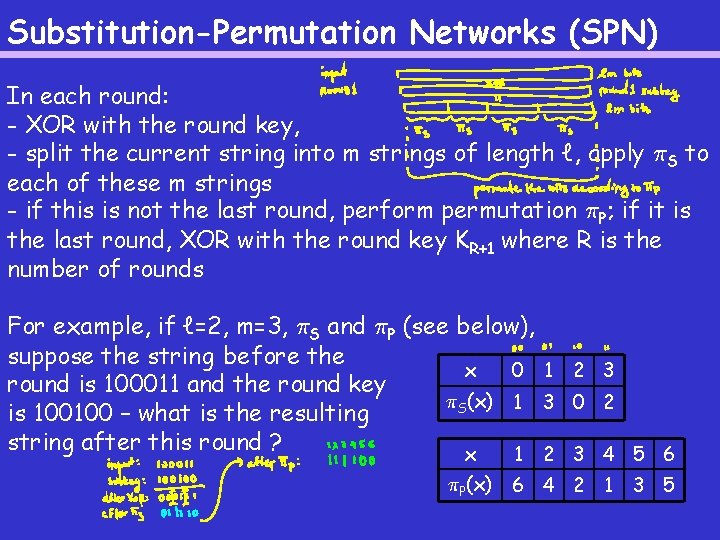 Substitution-Permutation Networks (SPN) In each round: - XOR with the round key, - split