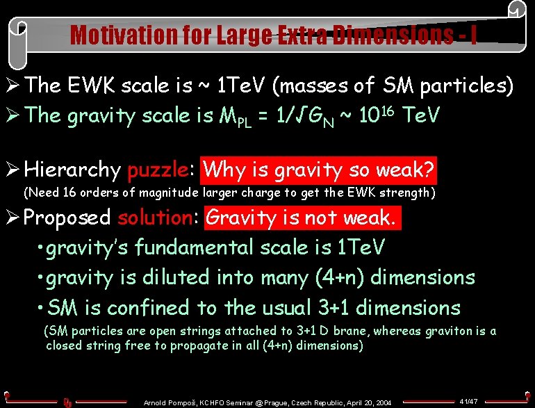 Motivation for Large Extra Dimensions - I Ø The EWK scale is ~ 1