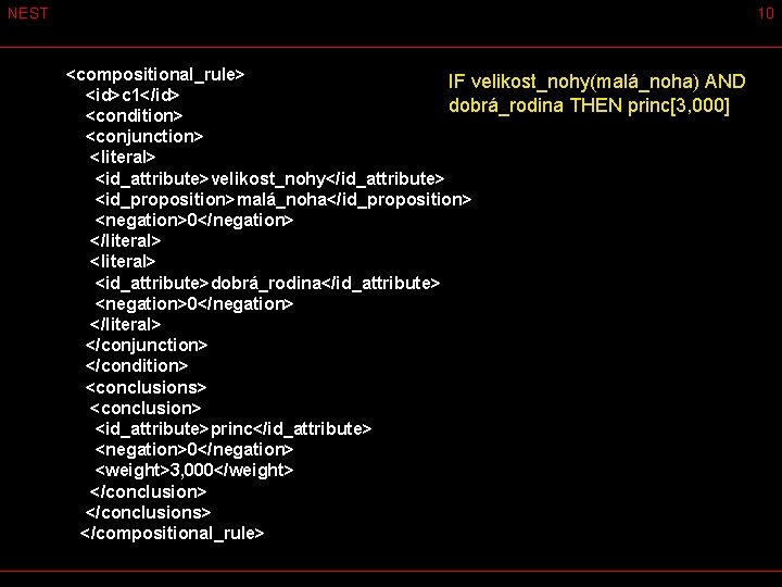 NEST 10 <compositional_rule> IF velikost_nohy(malá_noha) AND <id>c 1</id> dobrá_rodina THEN princ[3, 000] <condition> <conjunction>
