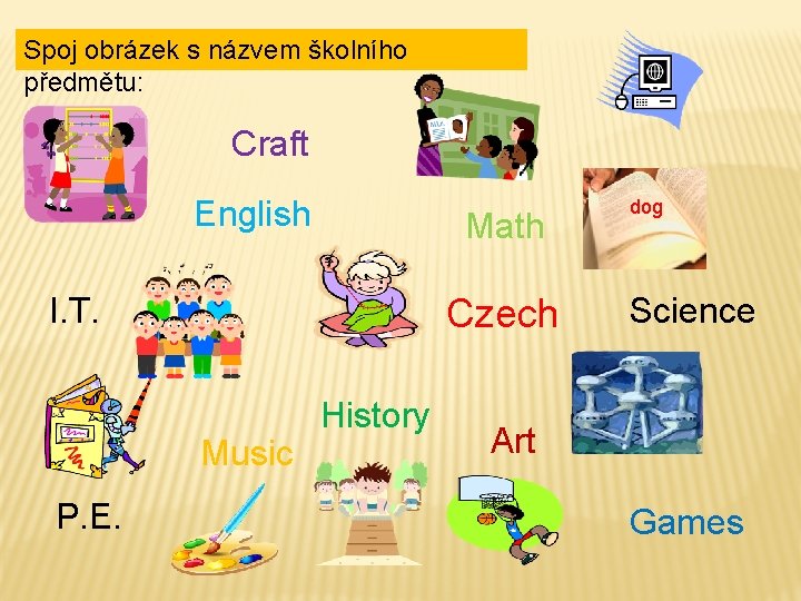 Spoj obrázek s názvem školního předmětu: Craft English Math I. T. Czech Music P.