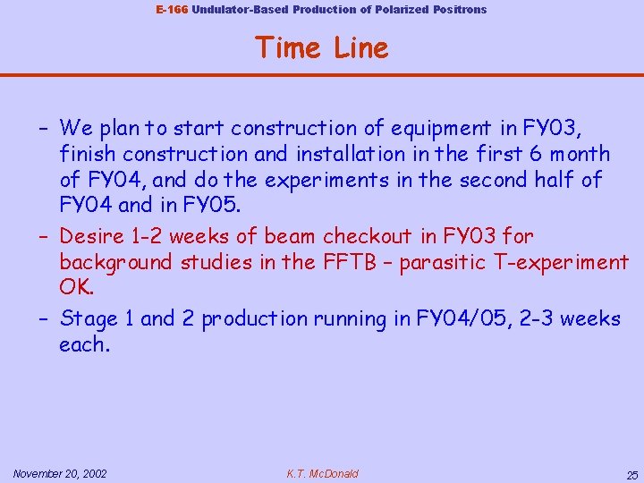 E-166 Undulator-Based Production of Polarized Positrons Time Line – We plan to start construction