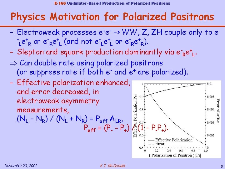 E-166 Undulator-Based Production of Polarized Positrons Physics Motivation for Polarized Positrons – Electroweak processes