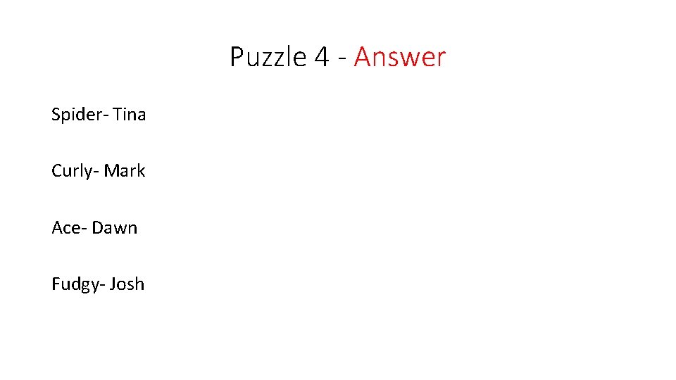 Puzzle 4 - Answer Spider- Tina Curly- Mark Ace- Dawn Fudgy- Josh 