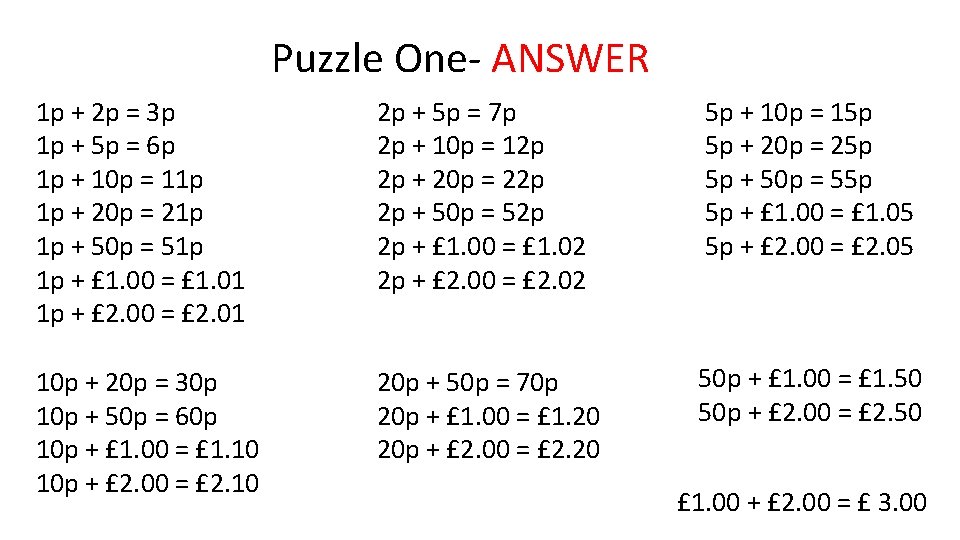 Puzzle One- ANSWER 1 p + 2 p = 3 p 1 p +