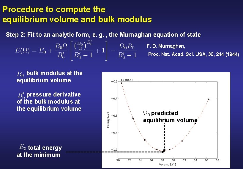 Procedure to compute the equilibrium volume and bulk modulus Step 2: Fit to an