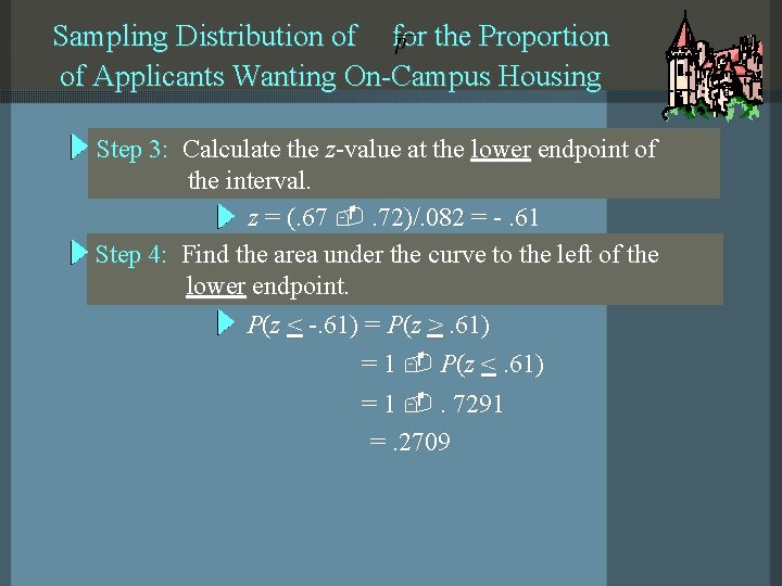 Sampling Distribution of for the Proportion of Applicants Wanting On-Campus Housing Step 3: Calculate