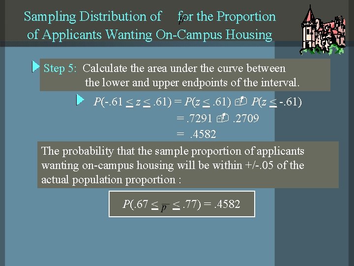 Sampling Distribution of for the Proportion of Applicants Wanting On-Campus Housing Step 5: Calculate