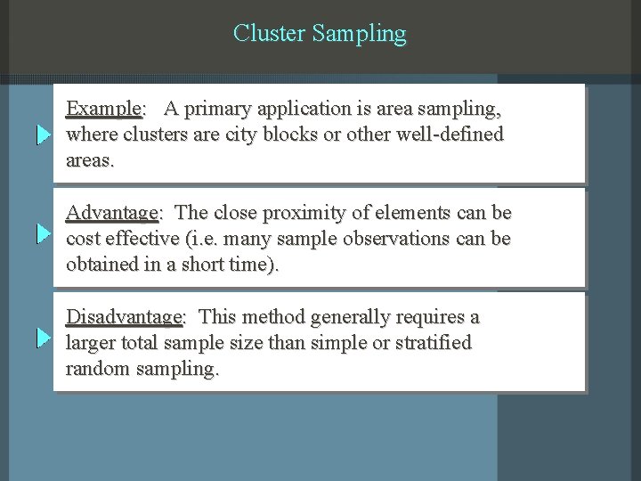 Cluster Sampling Example: A primary application is area sampling, where clusters are city blocks