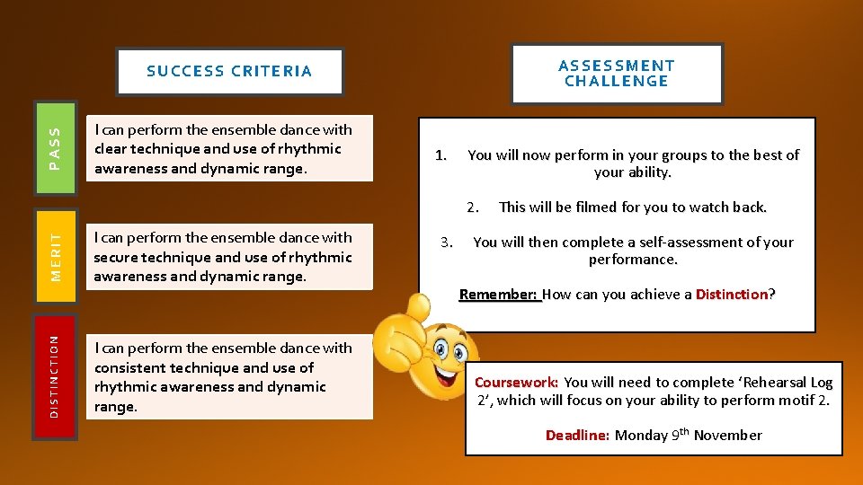 ASSESSMENT CHALLENGE PASS SUCCESS CRITERIA I can perform the ensemble dance with clear technique