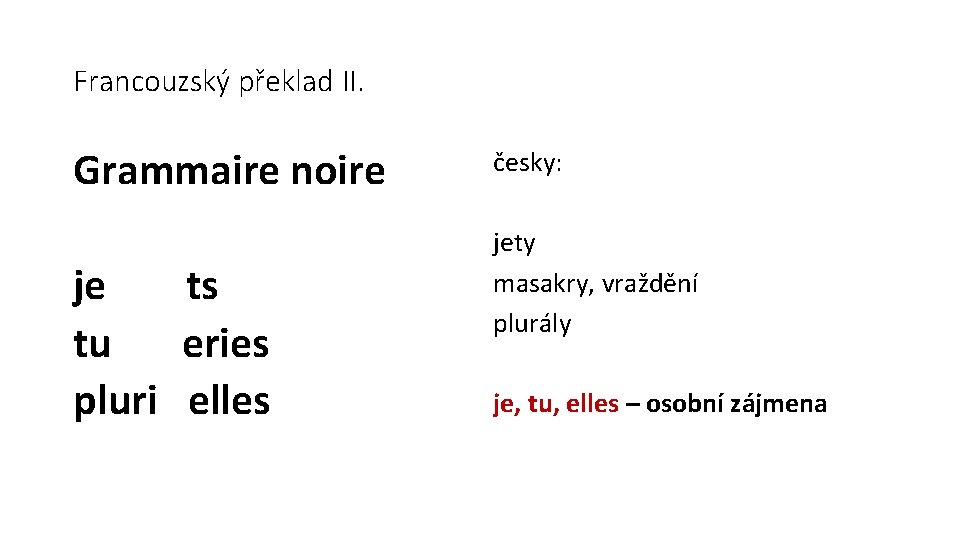 Francouzský překlad II. Grammaire noire je ts tu eries pluri elles česky: jety masakry,