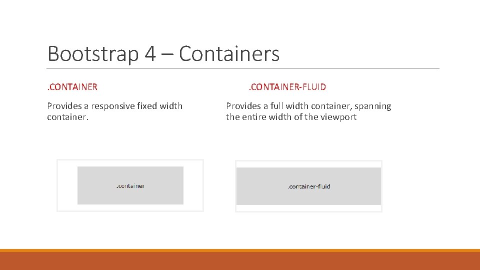 Bootstrap 4 – Containers. CONTAINER Provides a responsive fixed width container. . CONTAINER-FLUID Provides