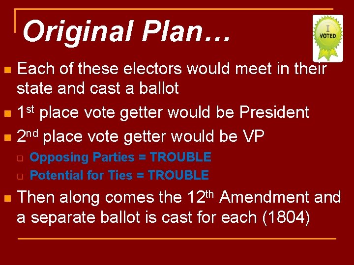 Original Plan… Each of these electors would meet in their state and cast a