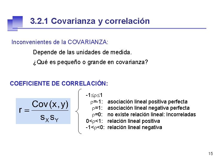 3. 2. 1 Covarianza y correlación Inconvenientes de la COVARIANZA: Depende de las unidades