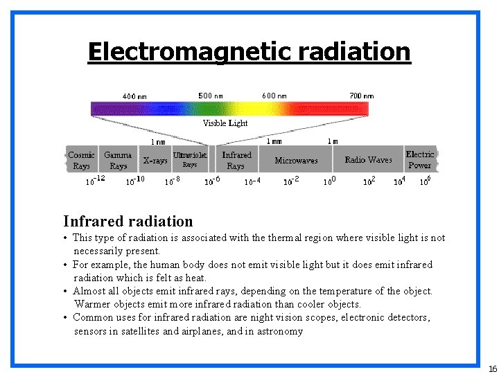 Electromagnetic radiation Infrared radiation • This type of radiation is associated with thermal region