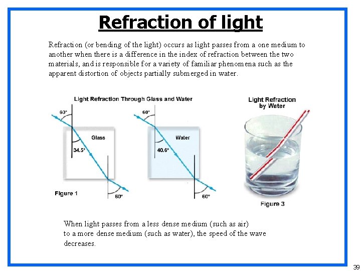 Refraction of light Refraction (or bending of the light) occurs as light passes from