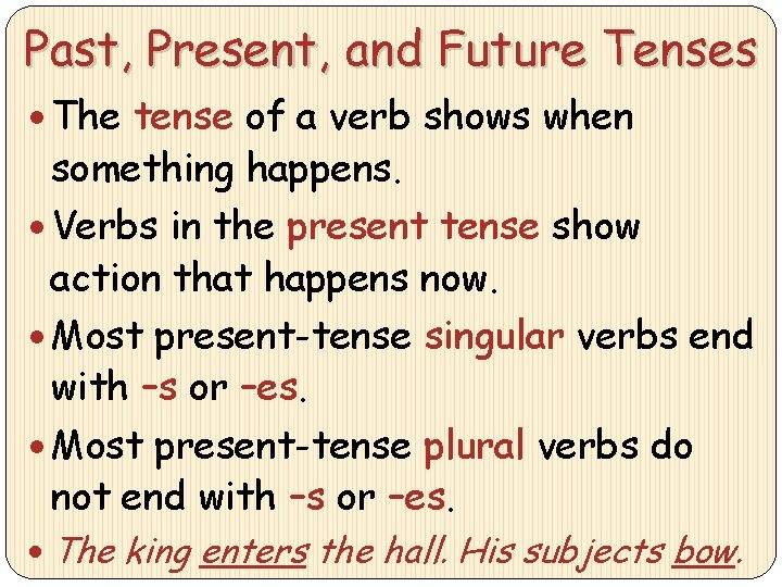 Past, Present, and Future Tenses The tense of a verb shows when something happens.