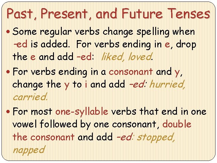 Past, Present, and Future Tenses Some regular verbs change spelling when –ed is added.