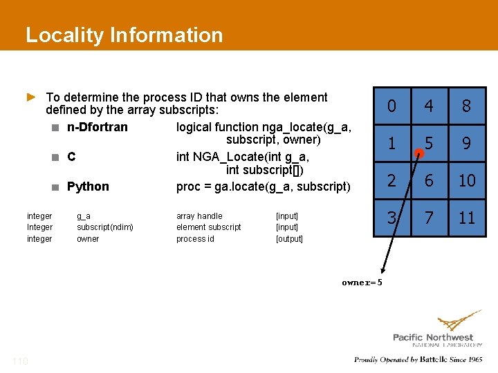 Locality Information To determine the process ID that owns the element defined by the