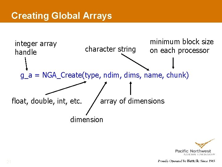 Creating Global Arrays integer array handle character string minimum block size on each processor