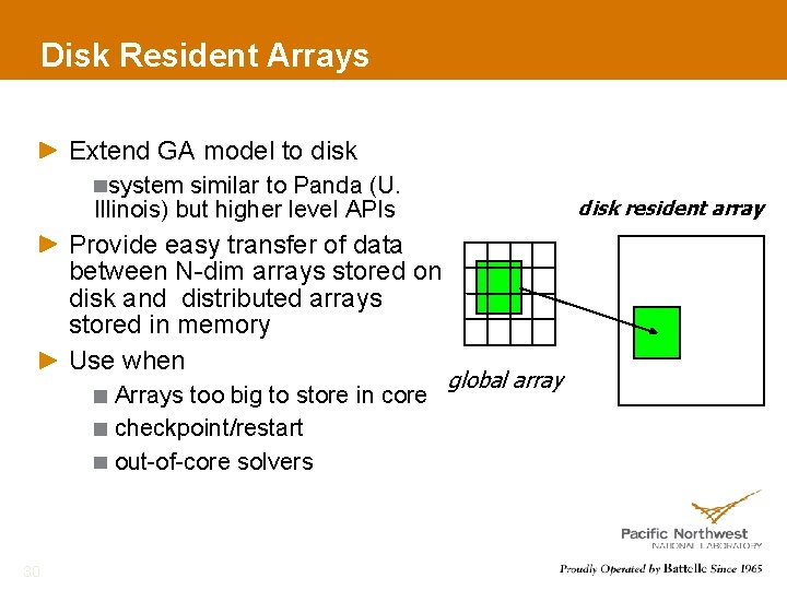 Disk Resident Arrays Extend GA model to disk system similar to Panda (U. Illinois)